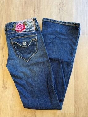 Dark Blue Embroidered Patch Flare Jeans for Women